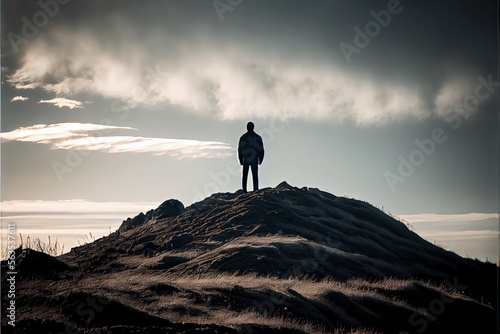 Mountain landscape, Person standing tall and proud at hill (Ai generated)