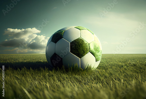 Soccer ball on grass field at rural scene and sky background. Sport and game concept. Generative AI