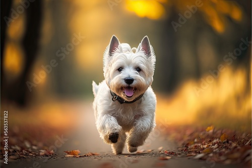 West Highland Terrier dog running in autumn park (Ai generated) photo