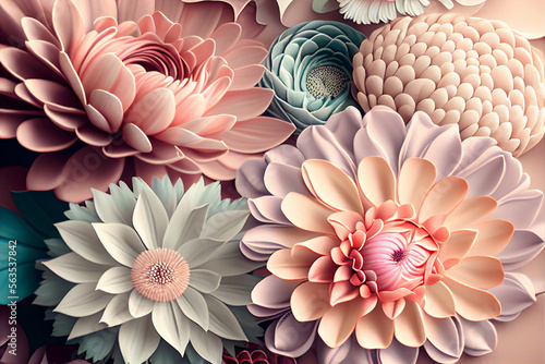 Pastel colored flowers background. Floral pattern. Colorful blooming flowers. Created with generative ai