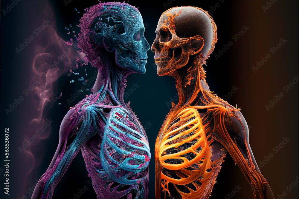 Man and woman silhouettes at abstract cosmic background. Human skeletons couple in love. Astral body, esoteric and spiritual life concept. Created with generative AI