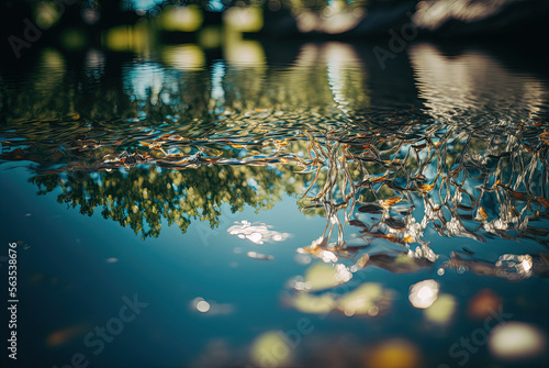 Autumn leaves in the water at the forest and reflection in water, fish in the lake Generative AI
