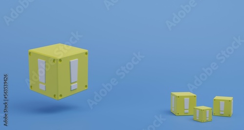 Yellow item box with white exclamation marks sign symbol with blue background for game 3D rendering illustration