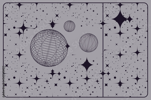 Dark retro universe design with wireframe elements and rounded outline