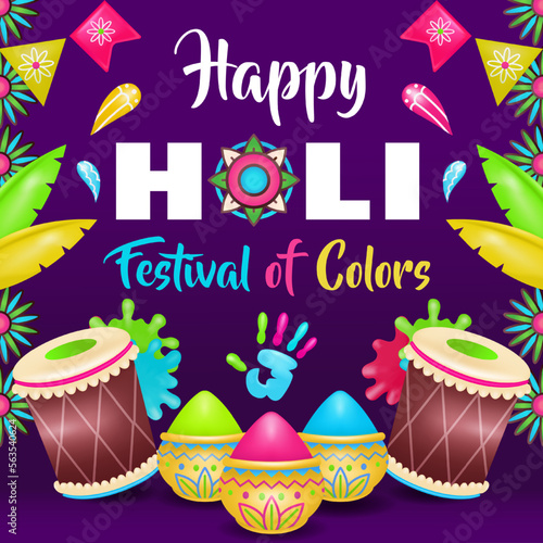 Happy Holi Festival of Colors, hand and paint colorful 3d illustration