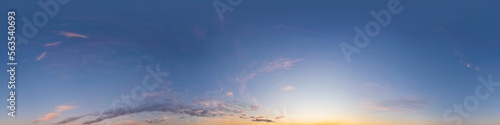 Dark blue sunset sky panorama with pink Cirrus clouds. Seamless hdr 360 panorama in spherical equirectangular format. Full zenith for 3D visualization  sky replacement for aerial drone panoramas.