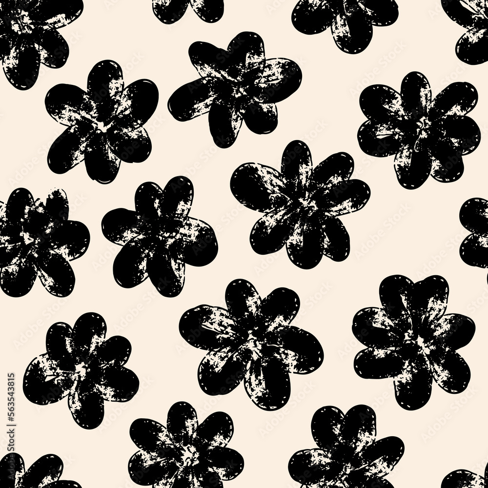 Brush flower vector seamless pattern. Hand drawn botanical ink ...