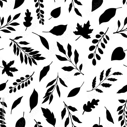 Leaves branch and Hand Drawn doodle Scribble floral plants seamless pattern. Creative minimalist Abstract art background. Design wall decoration, postcard, poster or brochure