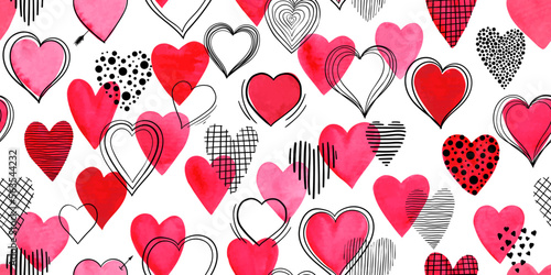 Beautiful Seamless pattern with red watercolor hearts with doodle sketch heart. design for holiday greeting card and invitation of the wedding, Valentine's day and Happy love day