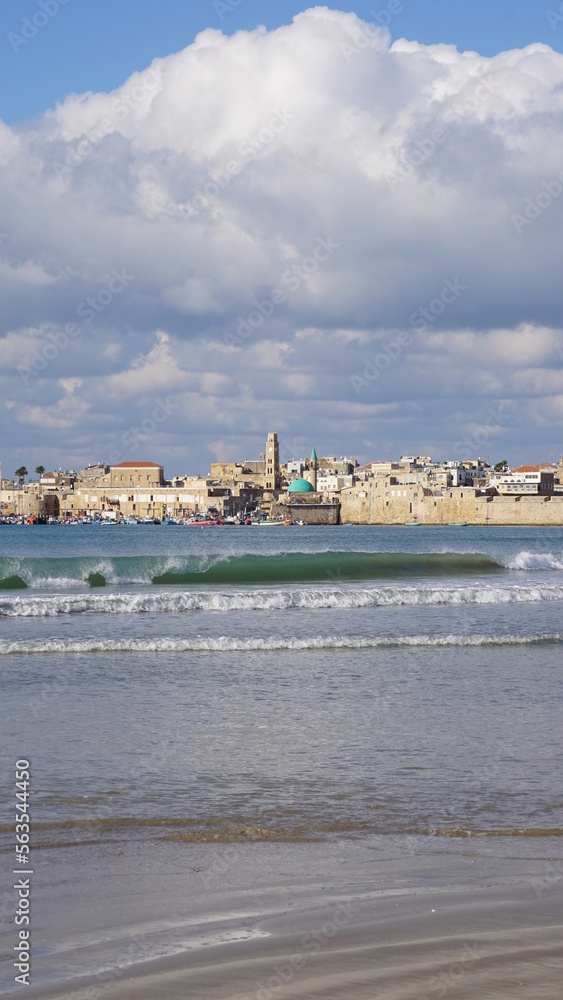 The beautiful view of the old city of Akko from the Argaman Beach in Israel in the month of December