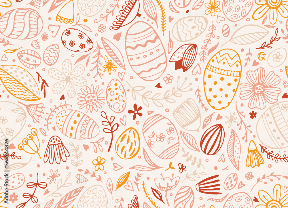 Vector seamless pattern from Easter eggs and flowers. Easter eggs. Traditional Easter ornament. Happy easter. Hand-drawn. Vector illustration.