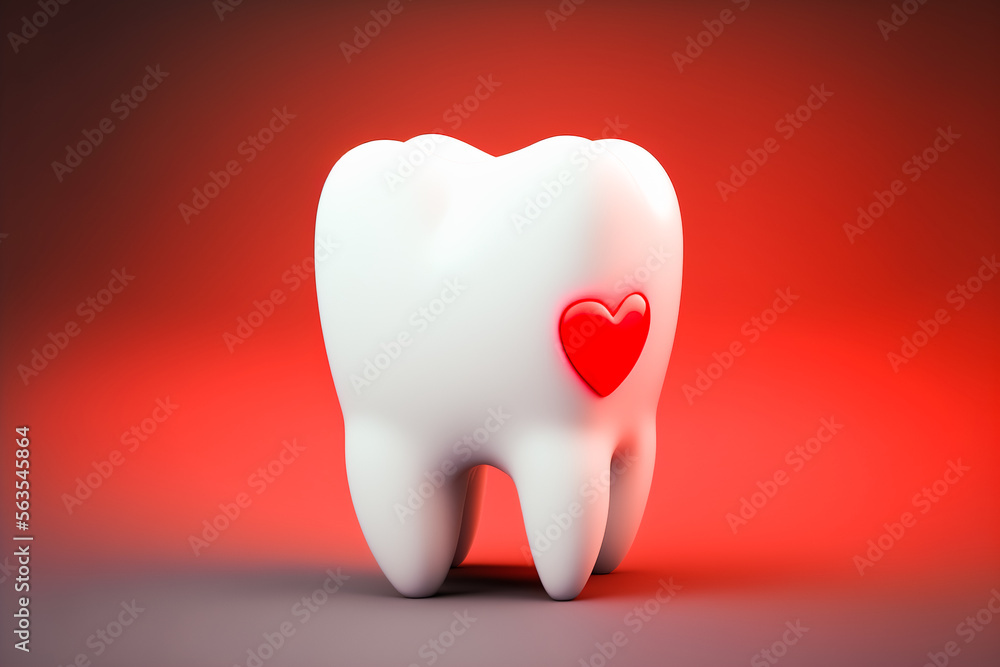 Cheerful smiling tooth with a red heart after visiting the dentist, generative ai Cheerful smiling tooth with a red heart after visiting the dentist, generative ai
