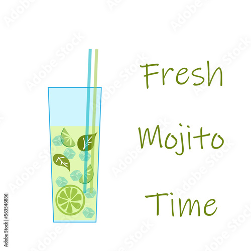 Mojito in a glass with tube for drinking. Alcohol or non-alcoholic cocktail. Classic cocktail with lime, mint and ice. Flat Vector illustration on white background with text. Summer party drink.