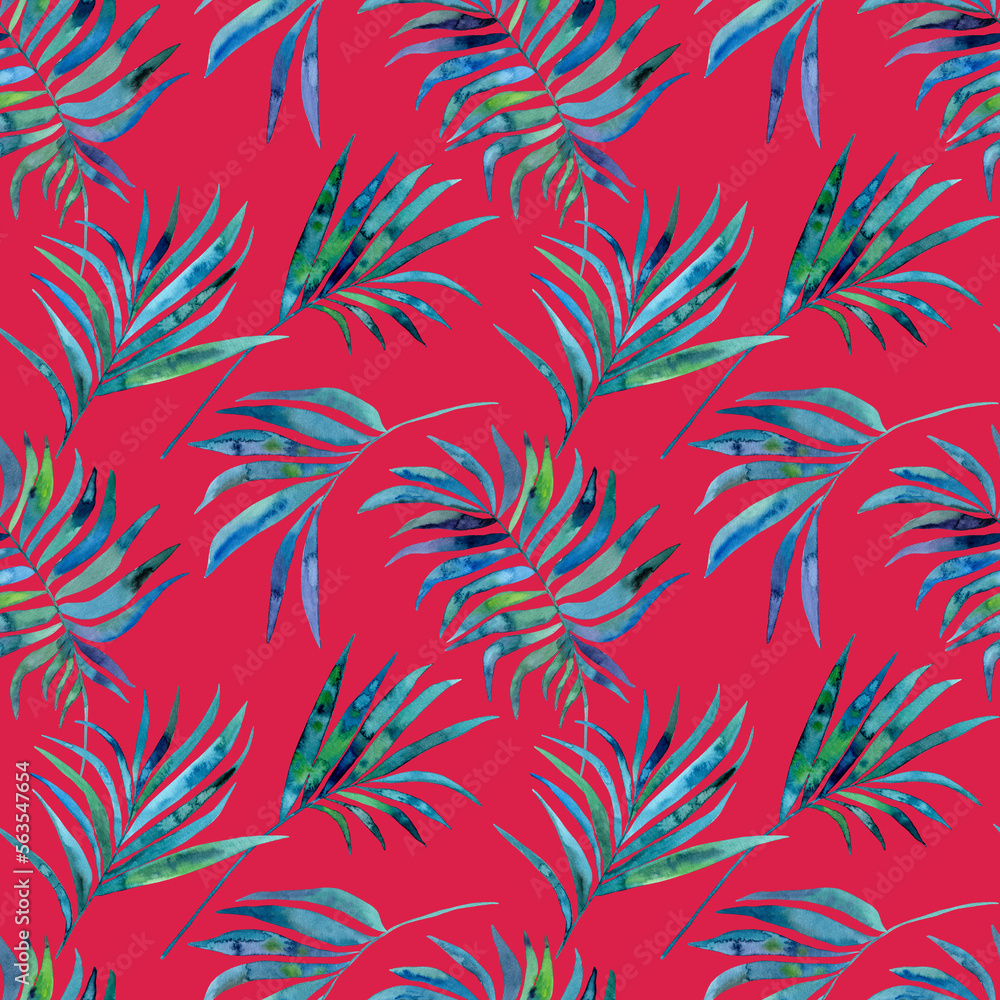 Watercolour blue green tropical palm leaves illustration seamless pattern. On Viva Magenta background. Hand-painted. Floral elements, jungle leaves.