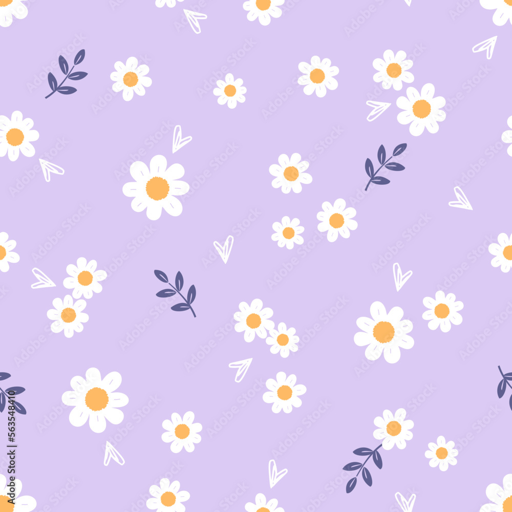 Seamless pattern with daisy flower, branches and hand drawn hearts on purple background vector illustration.