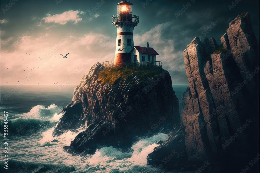 Lonely lighthouse on a cliff. Generative AI