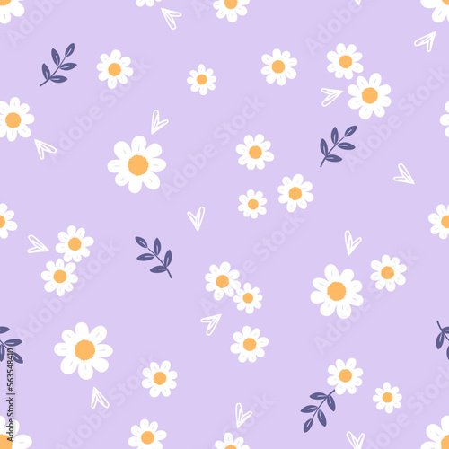 Seamless pattern with daisy flower, branches and hand drawn hearts on purple background vector illustration.