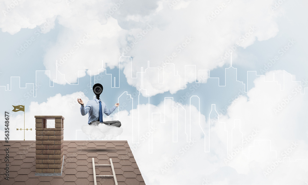 Concept of security and privacy protection with camera headed man meditating Concept of security and privacy protection with camera headed man meditating