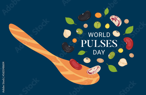 Wood spoon with mix of beans on blue horizontal background. Banner for World Pulses Day. Logo design for World legumes Day.