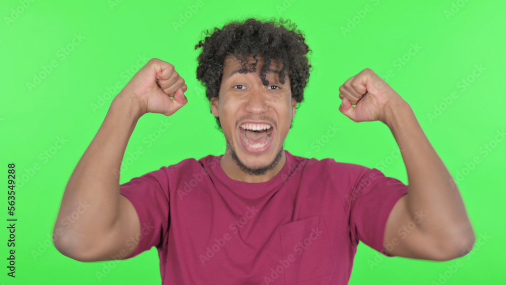 Fototapeta premium Successful African Man Celebrating on Green Background
