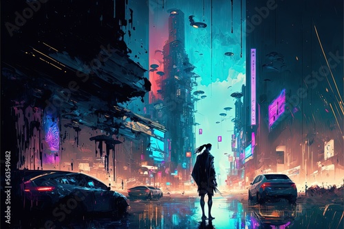 A person silhouette standing on the stret of a retrofuturistic cyberpunk city.  Generative Ai photo