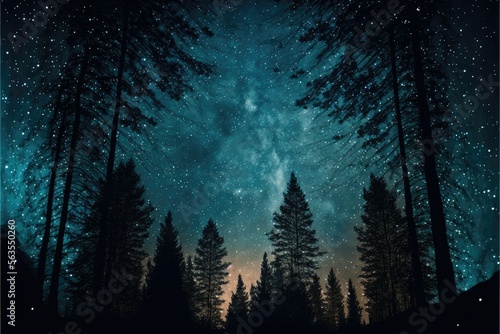 Starry night sky over a forest. Generative AI © Kanisorn