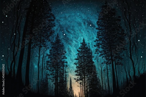 Starry night sky over a forest. Generative AI