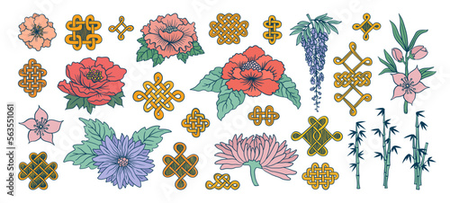 Asian flower doodles set. Asia culture nature symbols. Japanese kimono ornament. Lucky knot. Chinese New Year. Sakura, chrysanthemum, peony flowers. Kimono ornament.