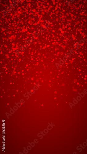 Falling snowflakes christmas background. Subtle flying snow flakes and stars on christmas red background. Beautifully falling snowflakes overlay. Vertical vector illustration.