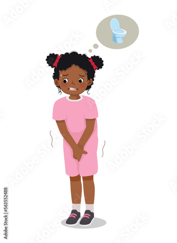 Cute little African girl need to pee holding urinary bladder want to go to toilet
