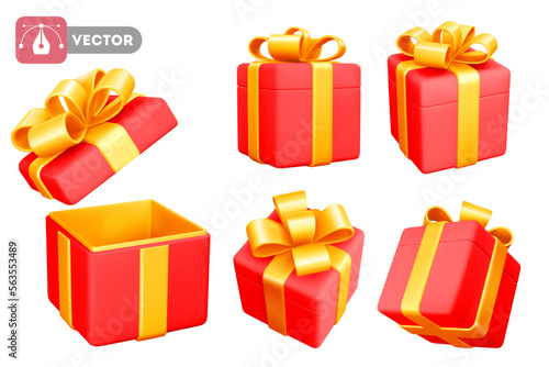 Set of 3d red gift boxes with cute bow. Open and closed. Holiday design element for birthday, wedding, advertising banner of sale and other life events. Vector realistic illustration EPS10