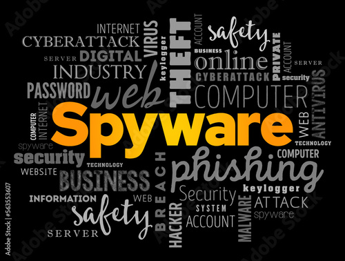 Spyware is software with malicious behaviour that aims to gather information about a person or organization, word cloud concept background