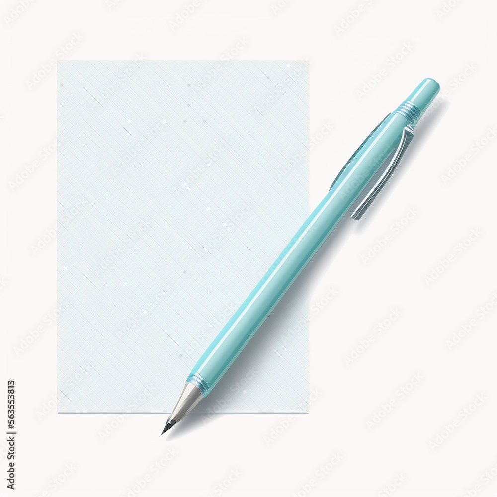 Drawing of a pen and a sheet of paper, on a bright white background Drawing of a pen and a sheet of paper, on a bright white background
