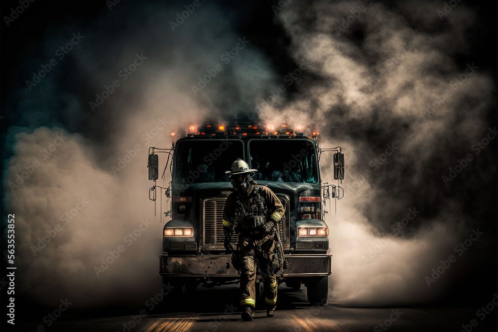 Fireman in smoke in front of a fire engine Stock Illustration | Adobe Stock
