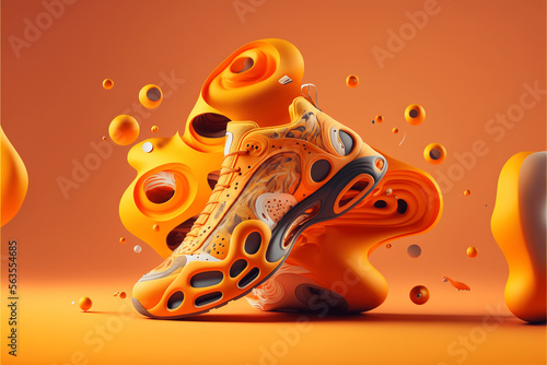 Still shot in orange of sneaker with energetic splash photo