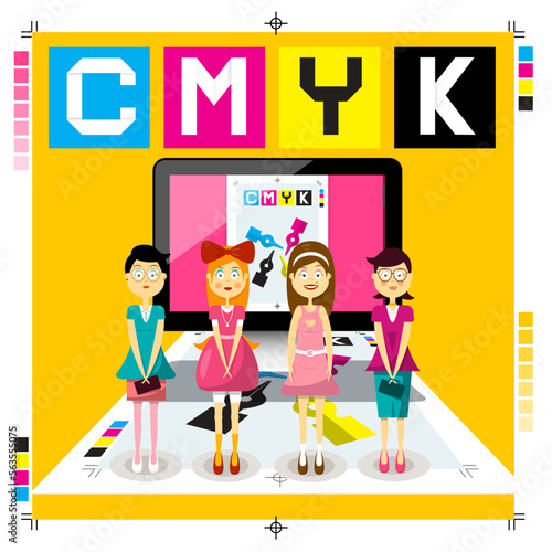 CMYK dtp - desktop publishing concept - disign with printed paper, computer and women - vector