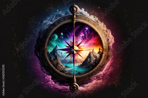 Colorful fantasy compass in the universe, portal to a new world, Generative AI