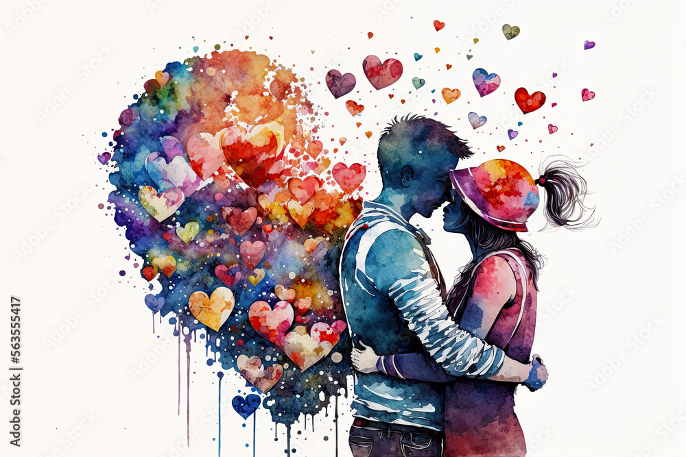Couple in love hugging and kissing. Young love. ai generated. Watercolor illustration of kissing and hugging couple surrounded by hearts. Romantic date. Valentine's day card - obrazy, fototapety, plakaty 