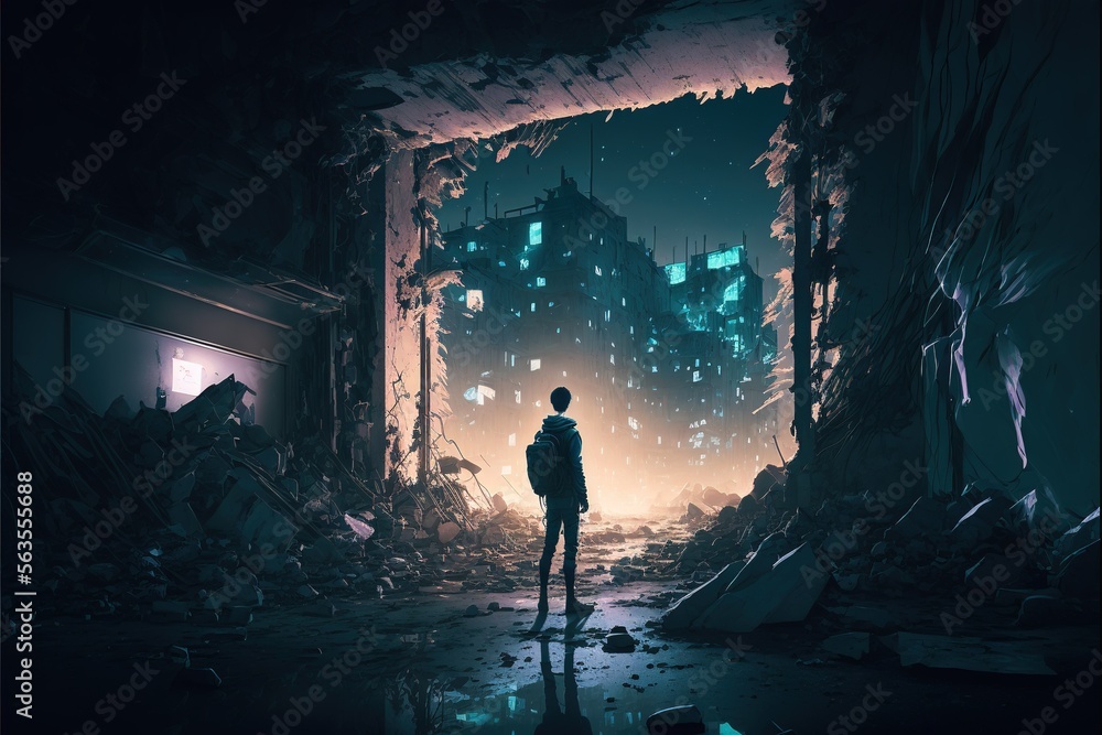 Fototapeta premium Destroyed city in the night boy walking in the city. illustration. anime. Digital painting art. digital painting style. generative AI