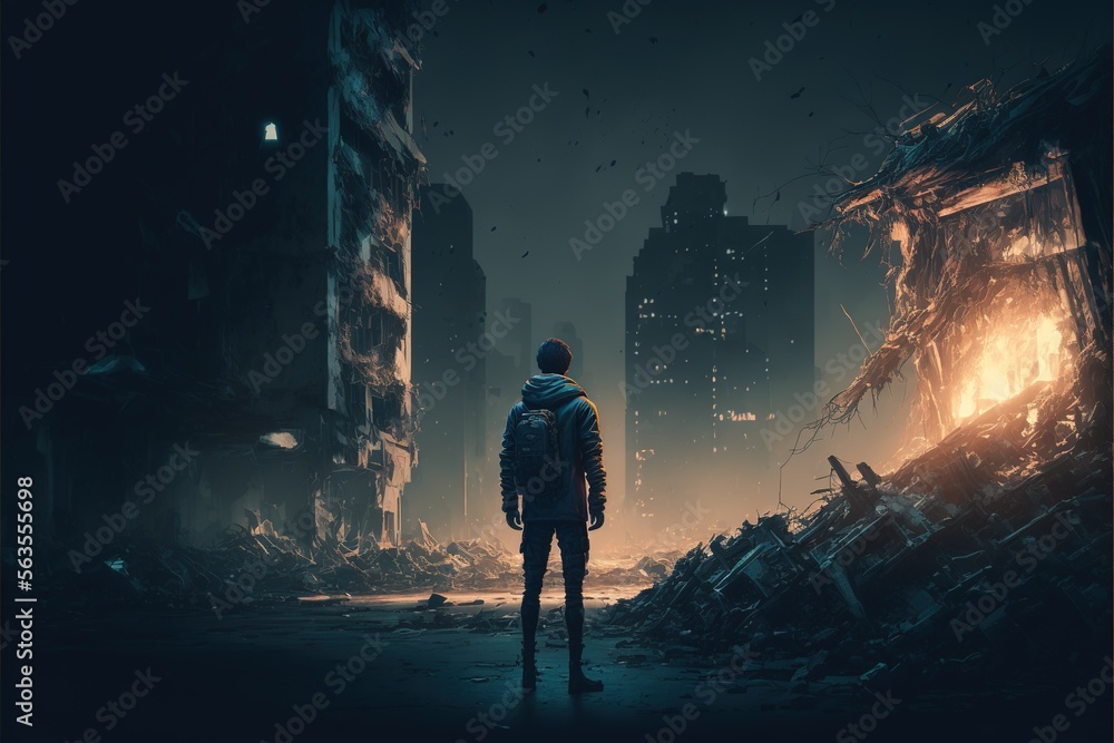 Destroyed city in the night boy walking in the city. illustration. anime.  Digital painting art. digital painting style. generative AI Stock  Illustration | Adobe Stock