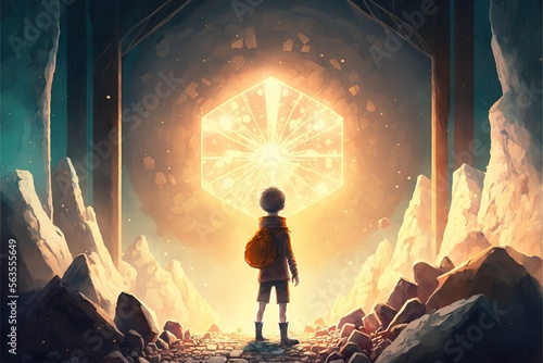 adventurous boy standing in front of the dwarf diamond mine. illustration. anime. Digital painting art. digital painting style. generative AI