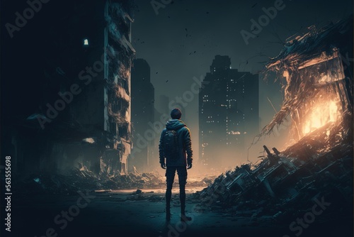 Destroyed city in the night boy walking in the city. illustration. anime. Digital painting art. digital painting style. generative AI
