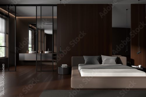 Dark bedroom interior with sleeping area and two washbasins near window