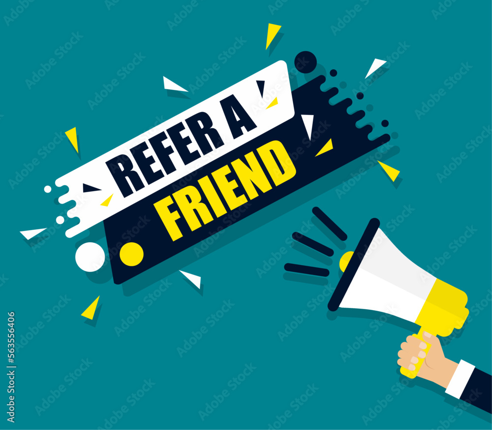 Megaphone and speech bubble reffer a friend. Banner for business marketing and advertising. Megaphone and speech bubble reffer a friend. Banner for business marketing and advertising.