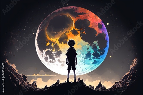 BOy standing on the moon and looking to the earth's color mixed. illustration. anime. Digital painting art. digital painting style. generative AI