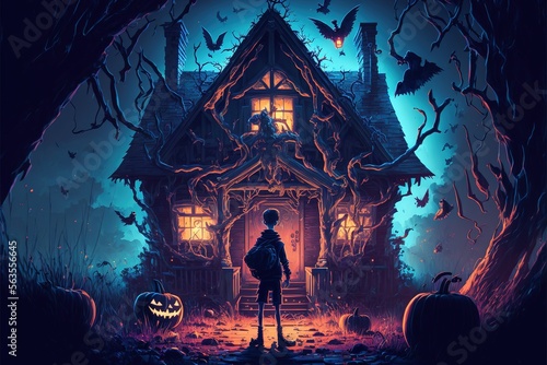 Boy standing on witches horror house .illustration. anime. Digital painting art. digital painting style. generative AI
