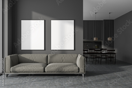 Grey studio flat interior with couch and eating area. Mock up frames © ImageFlow
