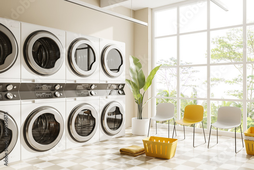 Fotografija Stylish laundry interior with washing machines and chairs near panoramic window