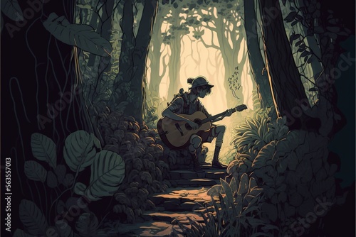 Sad man playing guitar alone un a forest under tree. illustration. anime. Digital painting art. digital painting style. generative AI