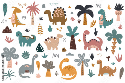 Fototapeta Naklejka Na Ścianę i Meble -  Set of cute dinosaurs and tropical plants. Vector illustration isolated on white background for your design
